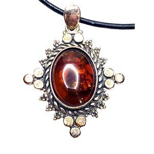 Cognac Baltic Amber Pendant Sterling Silver 6.78 Grams Fancy Setting Large Bale